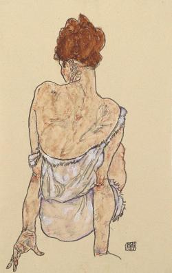 dappledwithshadow:  Woman Sitting in Underwear, Egon Schiele 1917