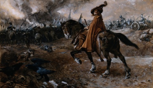  Death as general rides a horse on a battlefield by Edgar Bundy 1911 