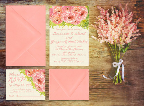 Wedding Invitations in Coral Pink Watercolor Peonies for Shabby Chic Weddings / PRINTED Wedding Invi