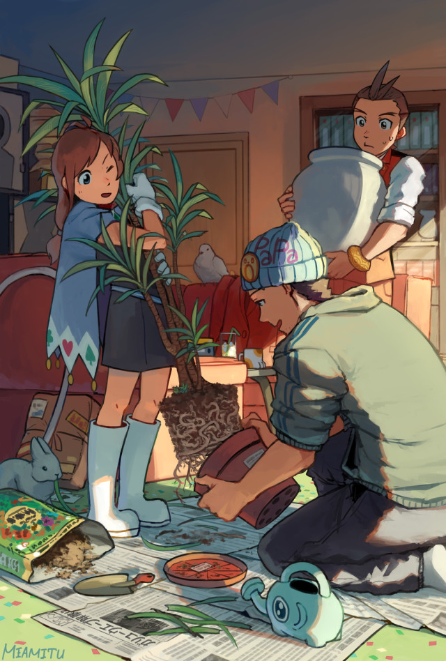 Digital drawing of Phoenix, Trucy and Apollo in Phoenix' office during AA4. Trucy is holding Charlie up while Phoenix is removing the pot, revealing the roots of the plant. Apollo is bringing a big white ceramic pot. There's newspaper on the floor to catch the falling dirt. A bag of soil, an elephant watering can, a small shovel are placed on top.