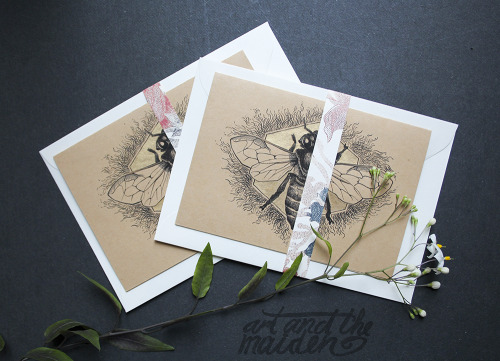 New bee and moth cards, all hand-painted with gold ink<3. You can find them on my Etsy