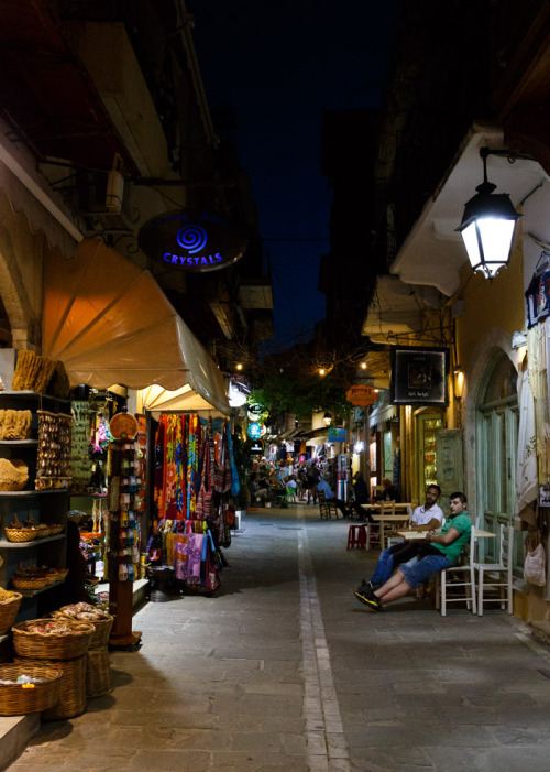 Rethymno Old Town shops at night. 
