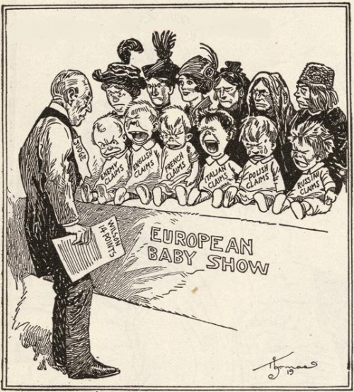 greatwar-1914: A cartoon from the Detroit News shows Woodrow Wilson attempting to arbitrate between 