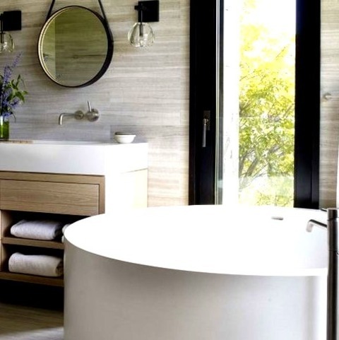 Bathroom - Master Bath Large Trendy Master Gray Tile Gray Floor Freestanding Bathtub Photo With Light