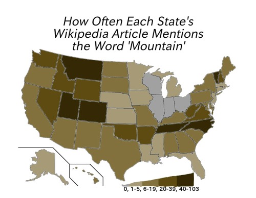 mapsontheweb:How Often Each US State’s Wikipedia Article Mentions the Word Mountain.