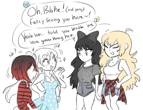 silly monochrome scenario where weiss starts to realize shes having feelings for blake and doesnt know how to handle them. then one day blake and yang go out to hang in town or w/e but weiss gets suspicious so she drags ruby along to investigate