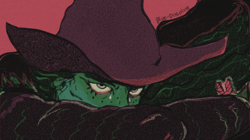 Drawing of Elphaba from Wicked, recreating "The Fallen Angel" by Alexandre Cabanel. The image is in close up, Elphaba's arm across her face as she cries. Her cape and hair blows behind her.