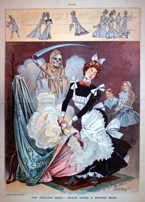 Illustration from Puck magazine (1871-1918). Showing the diseases a trailing skirt can collect. &