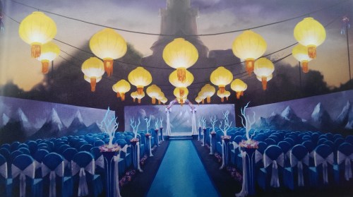 iruka-2013:  Bryan Konietzko: “Christine and I researched winter-themed wedding decorations for Zhu Li and Varrick’s ceremony and reception. We even included some of the elements my wife had used for our wedding. Christine was planning her own wedding