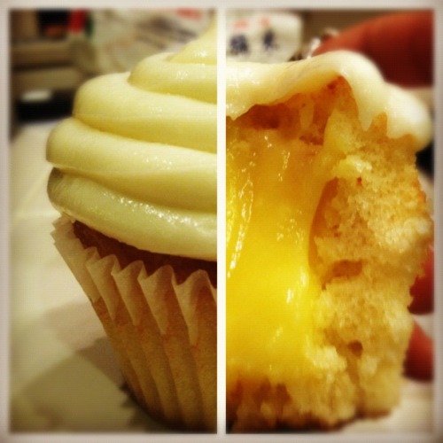 My vanilla almond cupcake with vanilla pudding filling topped with cream cheese frosting!