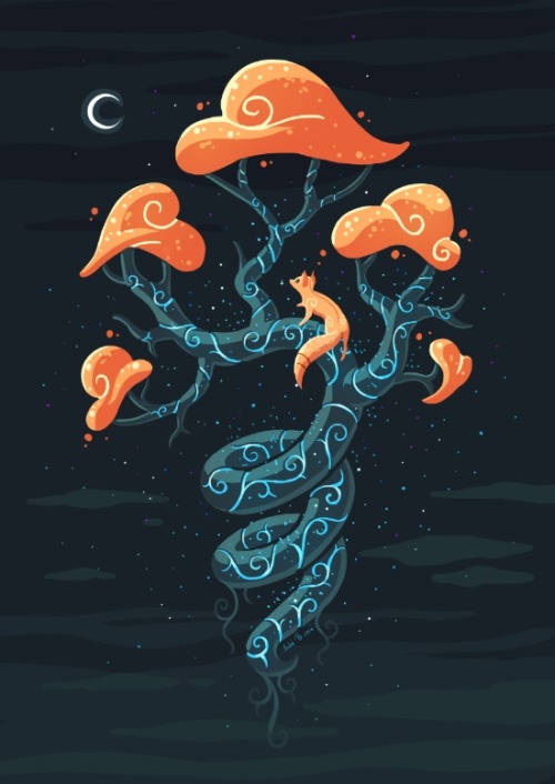 witchyexperiments: bestof-society6: ART PRINTS BY FREEMINDS Celestial Camping 2 Magic Tree Kitsune M