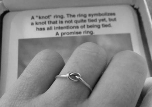 sixpenceee:  A “knot” ring. The ring symbolizes a knot that is not quite tied yet, but has all intentions of being tied. A promise ring.You can purchase one here