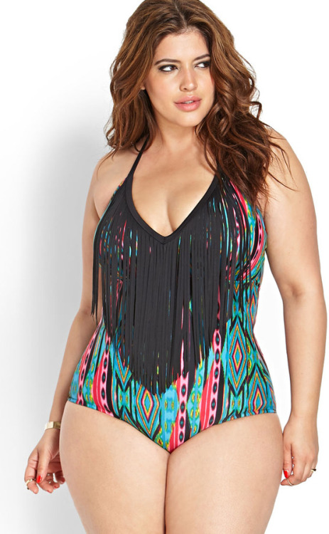 slippedintomycoffee:  curveappeal:  Denise Bidot for Forever 21  42 inch bust, 34 inch waist, 47 inch hipsBombshell Bikini Bottom in TealRetro Halter SwimsuitFierce Fiesta Bikini SetBombshell Bikini Bottom in WhiteBold Cutout Bikini SetWorldly Fringe