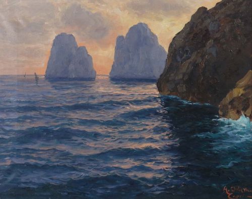 Capri,  rocky coastline with rough seas    -   Antonio Odierna Italian, 1800-1900Oil on canvas.39.5 