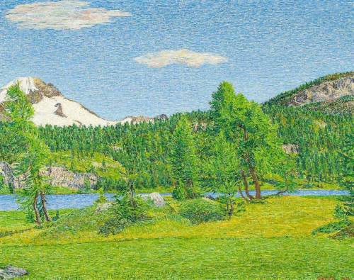View over Lake Sils with Piz Tremoggia in the back on the left  - Gottardo Guido Segantini , 1952.It