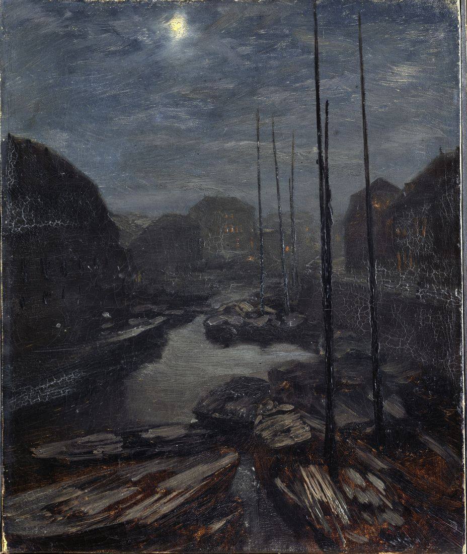 amare-habeo:Adolph von Menzel (German, 1815 - 1905) Moonlight over the Friedrichsgracht