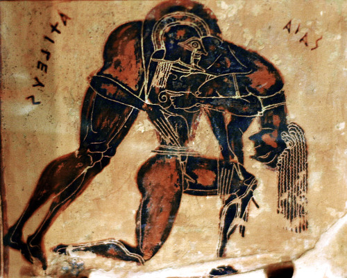 historyfilia:Ajax Carrying Body of Achilles.Large Attic Black-figure volute-krater dating to c. 570-