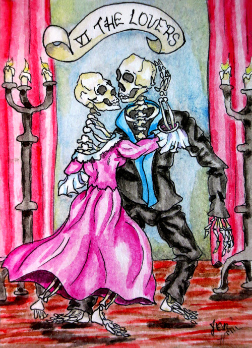 ATC - Spooktacular - Skeleton Tarot - Lovers I’ve joined a group on Instagram where you complete 3 or more small trading cards every month that you participate and send them in and then receive cards from other members. You can find details about it...