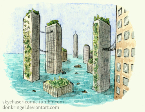 Half Solarpunk, half dystopia: a flooded city where the people adjusted to living above the water.