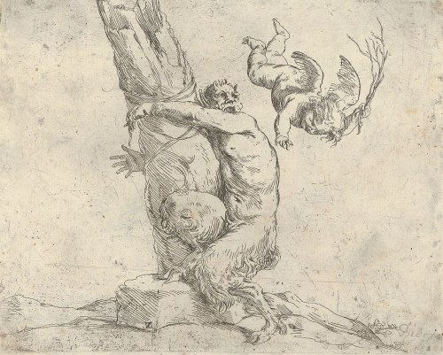 A Winged Putto Flogging a Satyr Tied to a Tree by Jusepe de Ribera (1625-50)