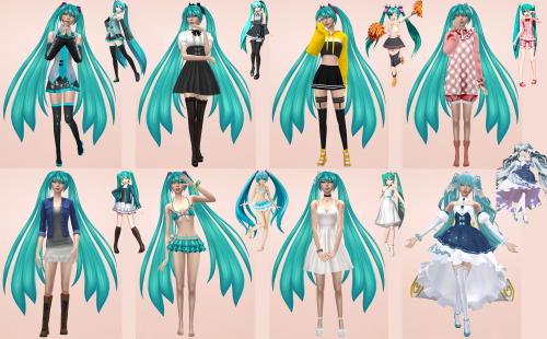 I proudly present to you: Hatsune Miku!From left to right, top to bottom: Everyday (classic), Formal