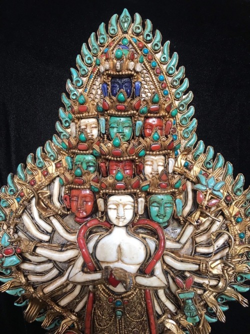 Masterpiece Avalokiteshvara with Lapis, Coral, Turquoise, & Shell Gem Inlay Avalokiteshvara, the