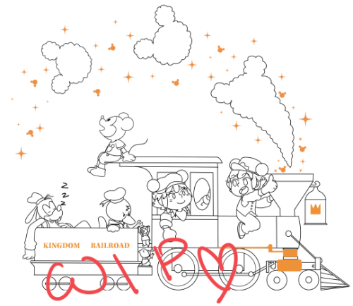 pondrea:  a little WIP of something I’m working on….(drawing trains is hard man sorry it looks like half-finished rubbish!)this is based on one of the disneyland paris trains (my home park :D) but the uniforms I think are from the US parks?