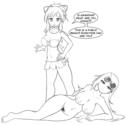 For their sketch this month Orchestration requested an image  featuring Asuka questioning Jasmine’s decision to sunbathe nude (from  Senran Kagura). 