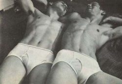generaljesse: Two college dudes relaxing together in their dorm room in their briefs on a lazy Saturday morning, circa late ‘60′s - early ‘70′s. That was a truly special underwear era for young guys. Plain white briefs (predominantly FLT’s,