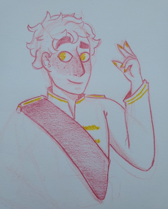 a red colored pencil and gold pen bust drawing of Roman. he has curly hair, golden eyes, and freckles. his expression is pleased, and one arm is up in his princely pose
