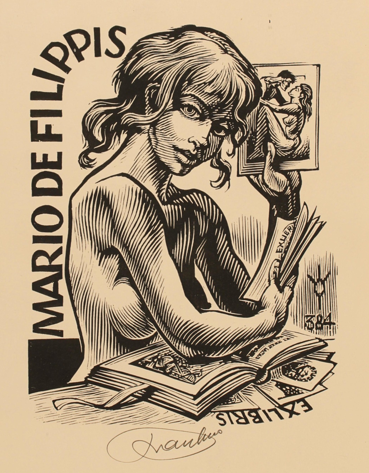 books0977:  Mario de Filippis bookplate. Artist:	 	Frank-Ivo van Damme.A woman reads