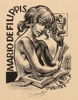 books0977:  Mario de Filippis bookplate. Artist:	 	Frank-Ivo van Damme.A woman reads a book while holding bookplate illustrations.