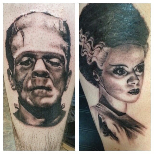 fuckyeahtattoos:  Frankenstein’s creation and the bride done by Nicole Nedley at
