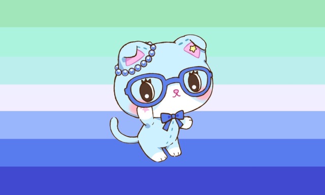 An image of a colour picked mlm toothpaste pride flag matching Suu from Mewkledreamy’s pastel colour palette. Suu is overlaid on it, dressed in blue and adjusting her glasses.