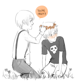 tabledechevet:  Eren: Flowers are for girls.Armin: What do you mean, for girls? Flowers are cool. Why would it be just for girls?Eren: I don’t know, it just is.Armin: I think you look nice with flowers. Everyone looks nice with flowers. Therefore,