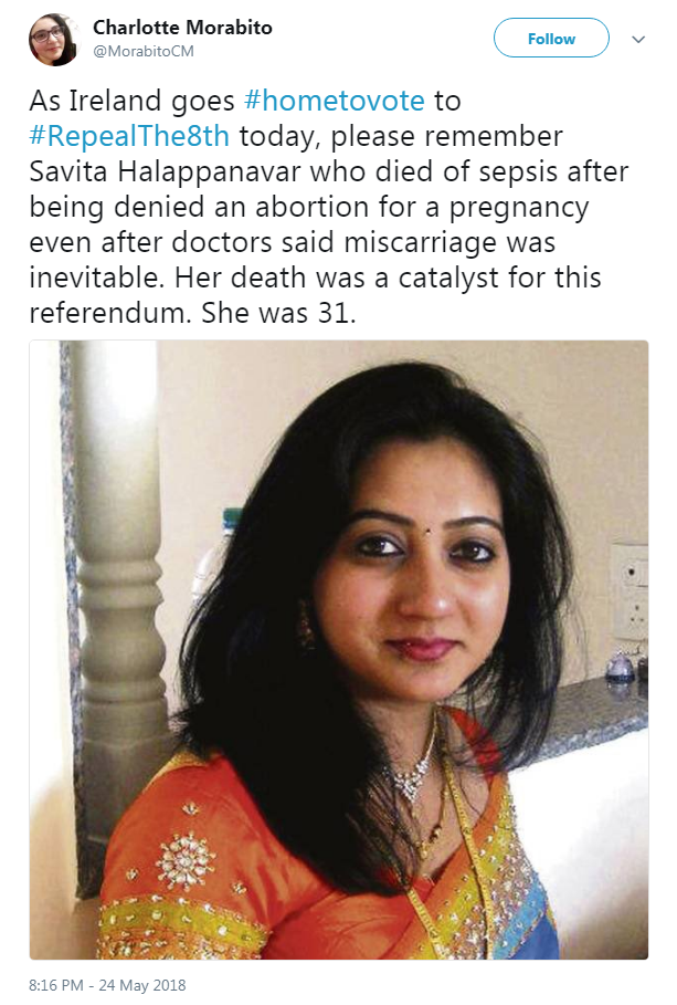 profeminist:
“ Charlotte Morabito “As Ireland goes #hometovote to #RepealThe8th today, please remember Savita Halappanavar who died of sepsis after being denied an abortion for a pregnancy even after doctors said miscarriage was inevitable. Her death...