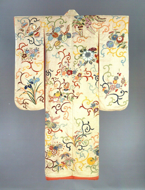 thekimonogallery:Woman’s long overgarment (uchikake), 1930-1940, Silk (white) | Pigments | Metallic 