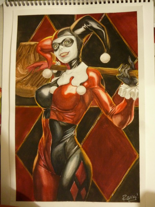 chemicalelise: I painted this Harley Quinn for a contest! :3 Which i won today! Yays! Reblog it plee