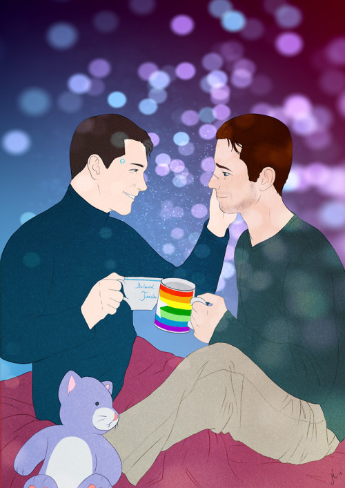 maximproving: ~Loving you~ Nines and Gavin enjoying a cup of tea.  (I actually own that rainbow mug 