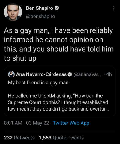 tauremornalome:anachrennism:thyrell:ben?so what he MEANT was, “I have been reliably informed that he, as a gay man, cannot opine on this, and you should have told him to shut up”but what he SAID wasvia @americachavez 