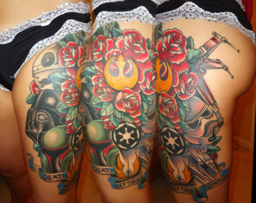 fuckyeahtattoos:  Star Wars thigh piece done by Tom Kenney at Classic Electric Tattoo in Frederick, MD
