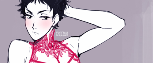 pussycat-scribbles:Akaashi in pretty red lingerie won Feb’s NSFW poll on my patreon, and you can see