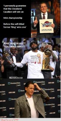 thenbamemes:  Dan Gilbert’s Tough Realization!  He was a real dumbass for saying that. It shows he never really liked or trusted LeBron from the jump smh. But its all good now. Hate now dumbass lol