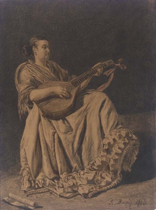 François Bonvin (1817 - 1887)A seated woman playing a mandolin, 1863