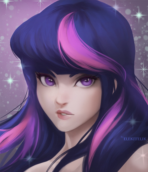 elekitelik:My friend is a complete brony @_@ So this is a gift of my *cough* horrible *cough* interpretation of human Twilight Sparkle! I wanted to try to stay as true to her as possible with the giant eyes but maybe i went overboard with the sparkles