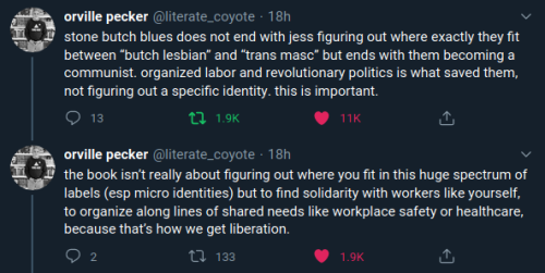 queeranarchism: warmfuzzybutch:portraitofhealing:patron-saints:[Image text: two tweets from or