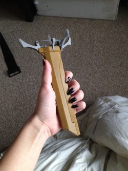 leadhooves:  sunnysundown:  spooky-danger:  Here it is! Corvo’s folding blade from Dishonored. Needs some cleaning up and a paint job, but I think it’s pretty damn cool (I was threatening all of the Kreo guys with it). The first gif is the motion