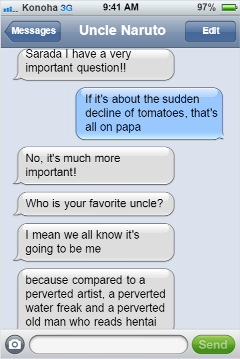 textingninjasofkonoha:  Naruto just wants to be a favorite uncle.