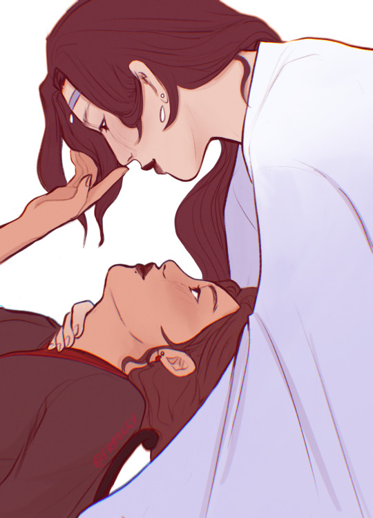 Fanart depicting a genderbent version of Wei Ying and Lan Zhan from The Untamed, with Wei Ying lying with her head in Lan Zhan’s lap and booping Lan Zhan’s nose.