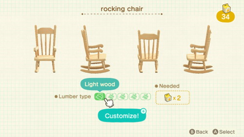 Item: rocking chair# of customizations: 5Customization names: light wood, natural wood, dark wood, w